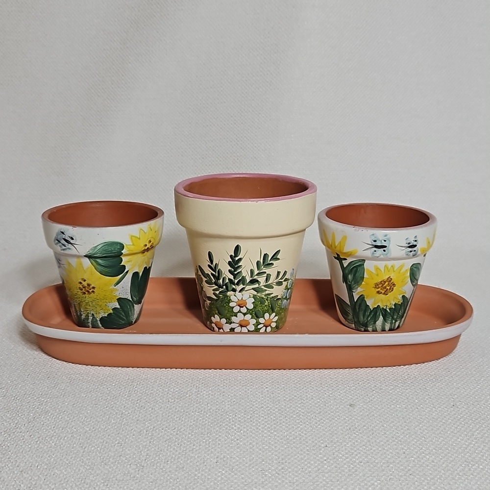 Vintage 1990s Hand Painted Floral Small Clay Pots Planters on a Tray